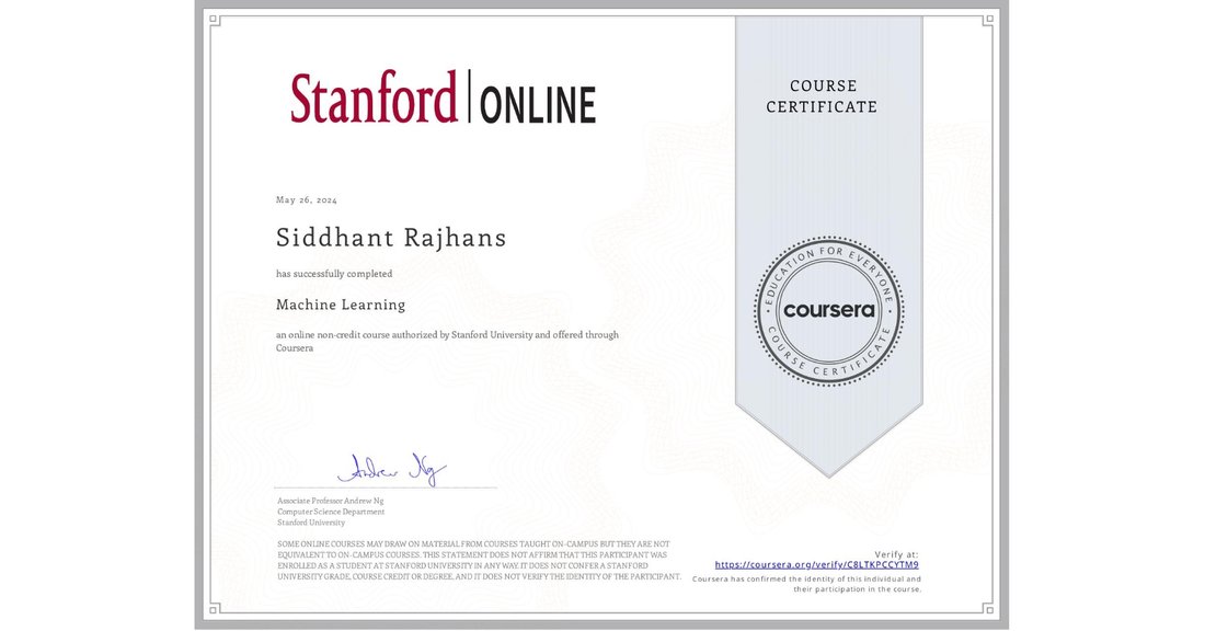 Machine Learning certificate from Stanford University on Coursera