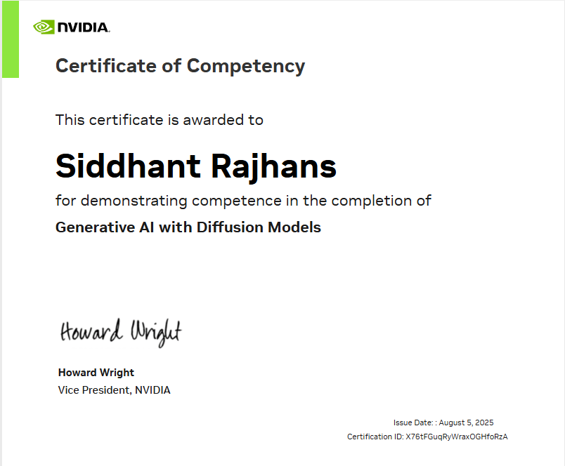 Certificate of Competency: Generative AI with Diffusion Models from NVIDIA