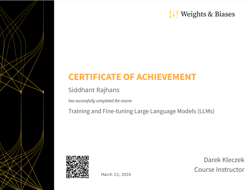 Certificate of Achievement: Training and Fine-tuning Large Language Models from Weights & Biases